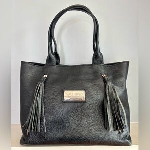 Valentino Alizee Black Dollaro Leather Tassel Zipper Tote Shoulder Bag
